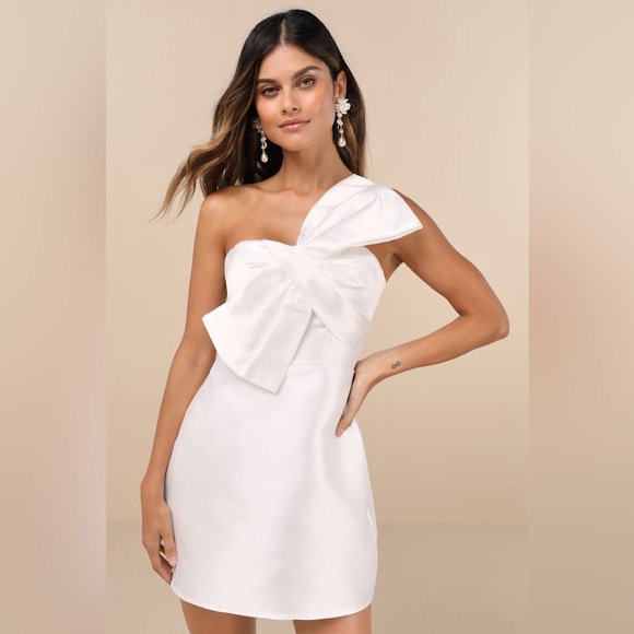 Lulus Utterly Pretty White Bow One-Shoulder Mini Dress with Pockets